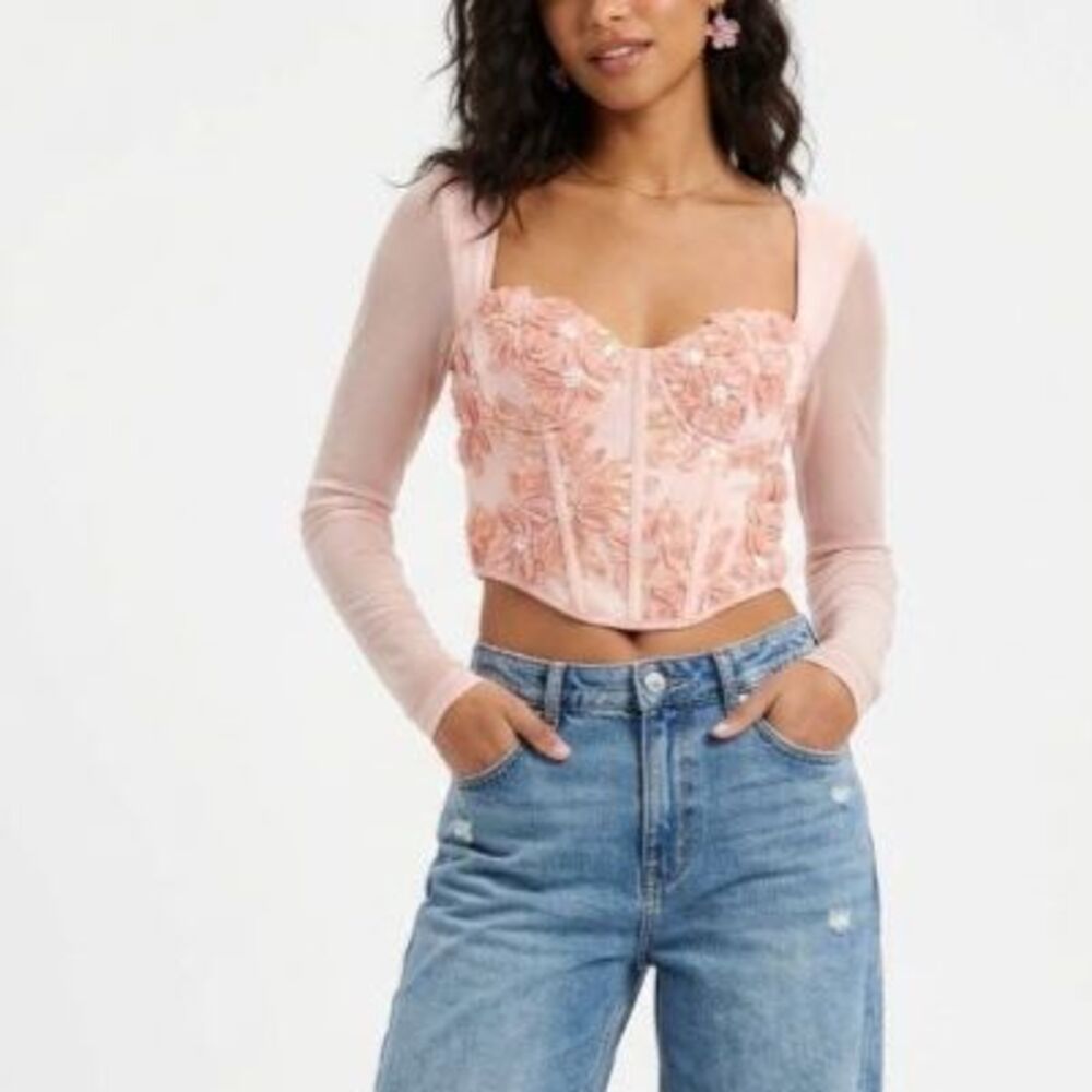 Shein Women's NWOT Blush Pink Floral Sweetheart Neck LS Bustier Corset Top Sz S